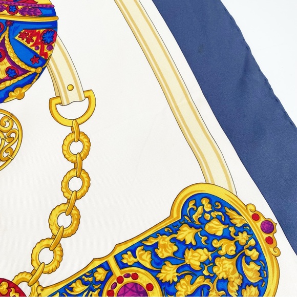 CELINE Paris 100% Silk Jewel Baroque Egg Large Square Scarf Blue Trim - Picture 8 of 9